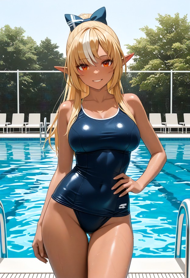 1girl,solo,standing,facing_viewer,hand_on_own_hip,school_swimsuit,smile,happy,blushing,front view,full-body view,head…