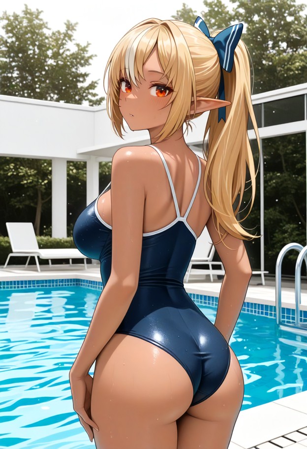 1girl,solo,standing,back to viewer,looking_back,adjusting_swimsuit,school_swimsuit,surprised,:o,blushing,full-body vi…
