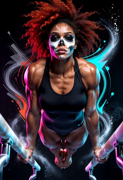 a breathtaking digital art piece in a stylized "artea" aesthetic, featuring a powerful female gymnast performing on p…