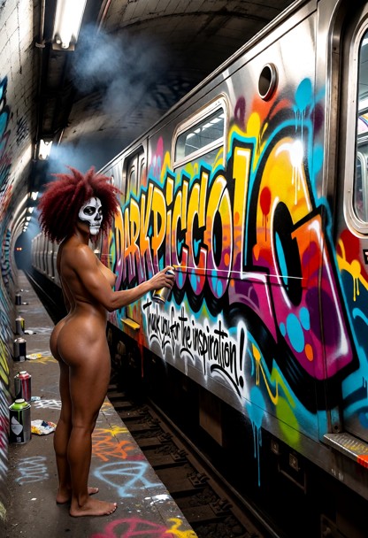 A highly detailed urban graffiti scene inside an empty New York City subway tunnel. A lone graffiti artist stands bes…