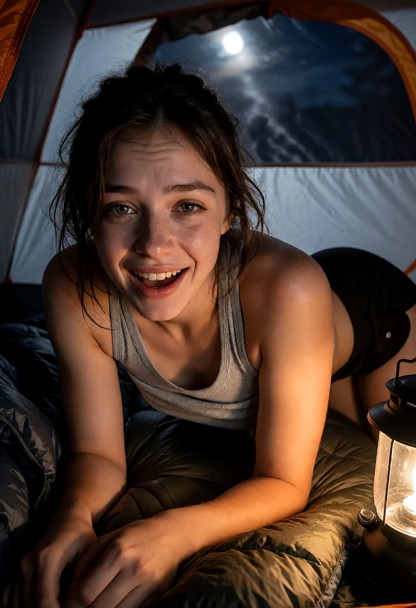 Location: inside a small, dimly lit camping tent at night, with soft moonlight filtering through the fabric and a war…
