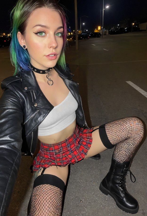 tamara is pressing against the viewer in a parking lot,black leather jacket,ripped white cotton crop top,plaid mini s…