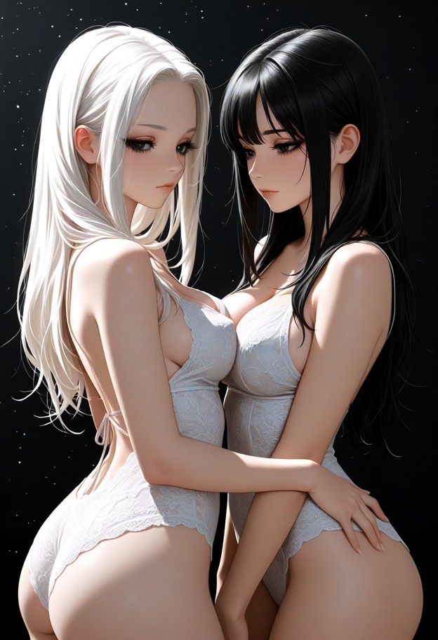 aurora and aricia are standing close together,aurora looking down shyly while aricia leans in,simple casual attire,un…