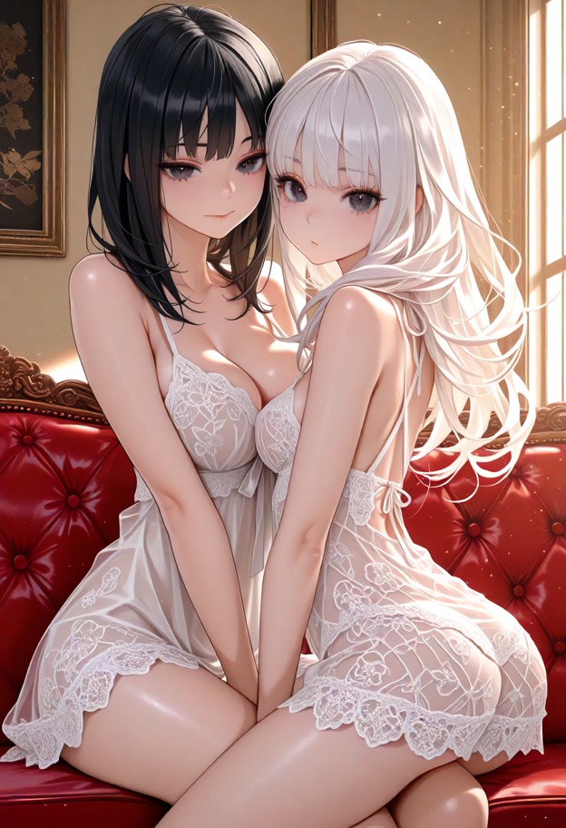 1girl,solo,sitting,smiling,blushing cheeks,lace nightgown,red sofa,perfect anatomy,front view,golden hour,warm sunlig…