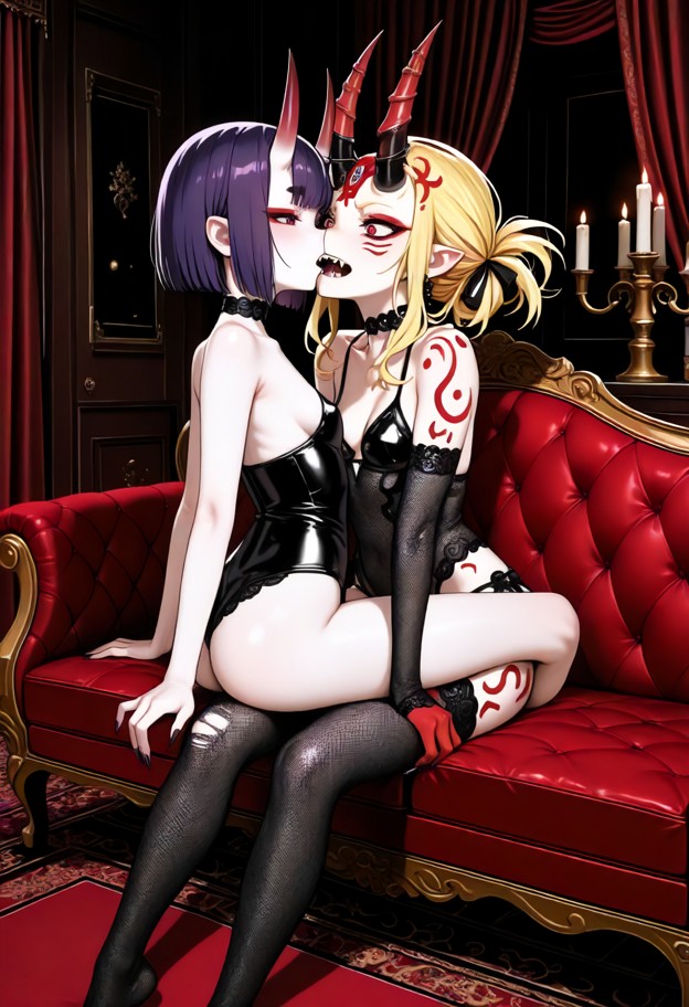 2 girls,female,female biting,sitting on couch with thighs splayed,black fishnet stockings,torn black lace panties,bla…