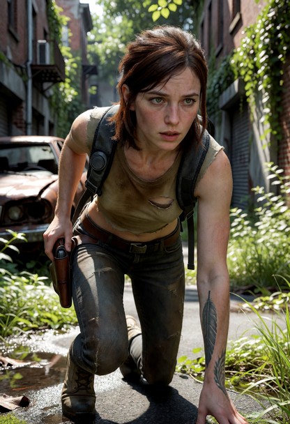 Location: overgrown city street, narrow alleyway between crumbling buildings, rusted car wreckage, lush greenery recl…