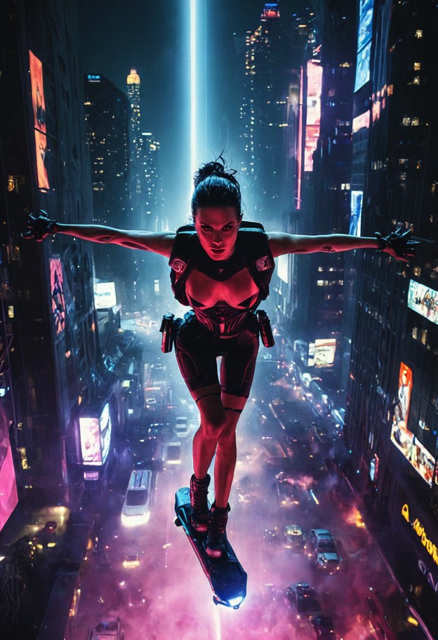 an epic high-altitude action shot of a cyberpunk rider soaring on a pink mechanical hoverboard high above a massive s…