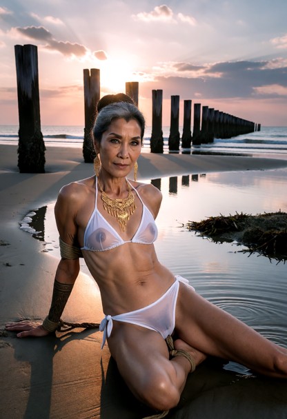 Michelle est en bikini blanc transparent et est sur une plage au coucher du soleil, avec une rangée de poteaux en boi…