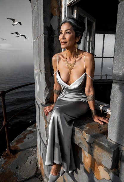 Location: dusk at the narrow stone ledge of an old lighthouse with weathered grey walls and a rusted iron railing, wh…