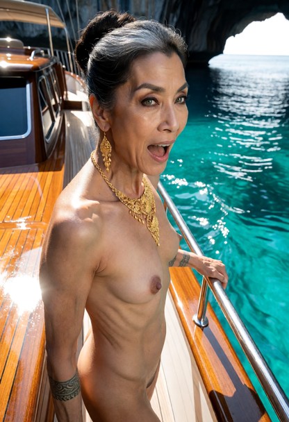 Location: bright afternoon on the polished teak deck of the yacht where intense sunlight glints off the warm wood and…