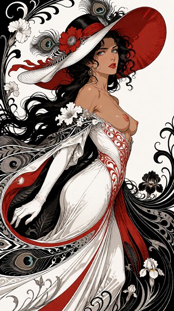 A pen-and-India-ink drawing on white paper, rendered strictly in black and white with only one additional color: a fl…