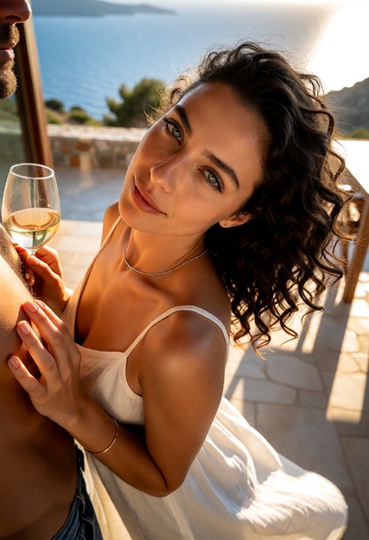 Location: golden hour on a sun-drenched villa terrace overlooking the Mediterranean sea, with warm sunlight casting l…