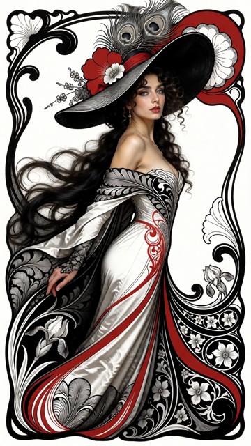 A pen-and-India-ink drawing on white paper, rendered strictly in black and white with only one additional color: a fl…