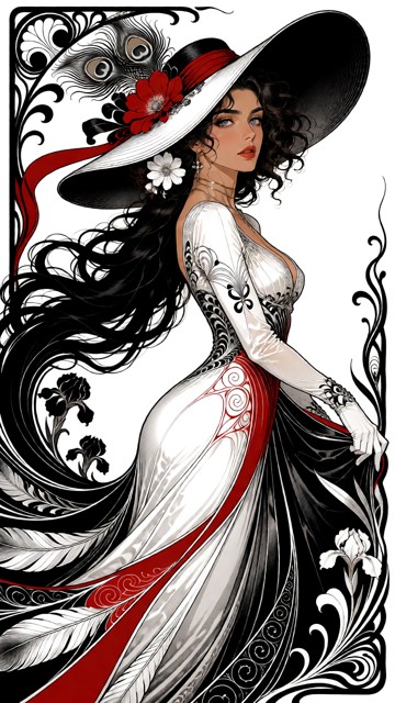 A pen-and-India-ink drawing on white paper, rendered strictly in black and white with only one additional color: a fl…