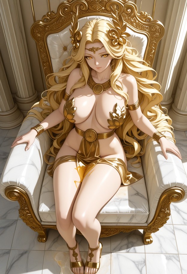 she is sitting on marble armchair and leaning back,naked,boobs,gold sandals,marble chamber,white marble floor,fluted …