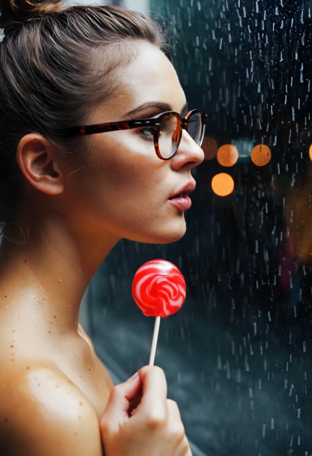 an extreme close-up shot of a thoughtful woman gently touching a translucent red lollipop to her lips. cinematic ligh…