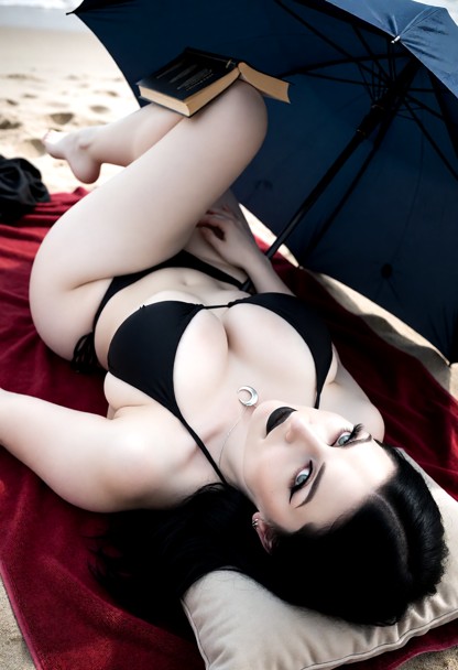 1girl lying on her back, one knee bent up, pillow under her head, book resting on propped leg, wearing black bikini, …
