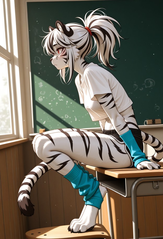 a sexy she is sitting on a wooden desk with arms crossed and a tear on her cheek,baggy midriff shirt,small shorts,blu…