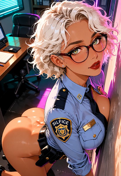 Compose the image from a high angle, viewed from above as the camera looks down., Woman wears a police uniform with a…