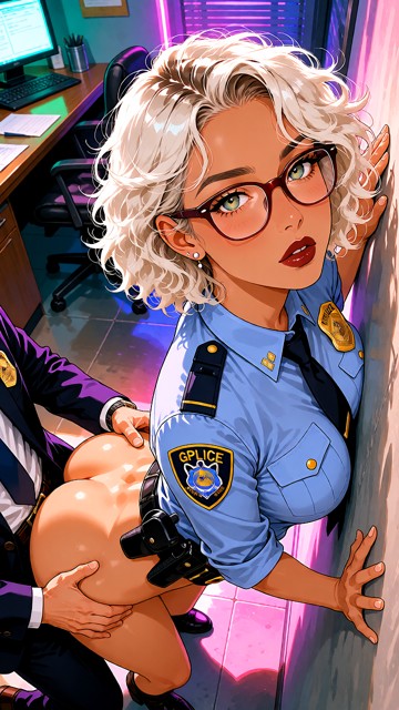Woman wears a police uniform with a badge and professional outfit details., A naked woman bends forward against a wal…