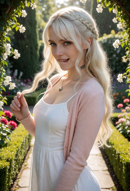 Location: bright afternoon at the entrance of a lush botanical garden where manicured hedges and vibrant flowers line…