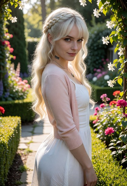 Location: bright afternoon at the entrance of a lush botanical garden where manicured hedges and vibrant flowers line…