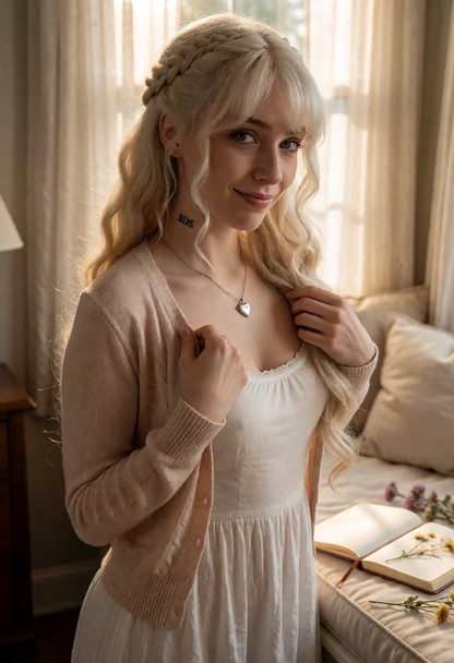 Location: late afternoon in a cozy bedroom with warm sunlight filtering through sheer curtains, illuminating a window…