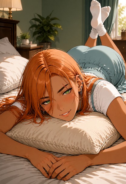 location: bedroom. position: she lies on her stomach on a kingsize bed. her arms spread wide. her chin resting on a s…
