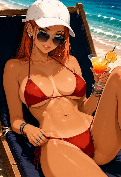 1girl lying on a darkblue lounge chair on the beach, sea in the background; woman wearing white baseball cap, sunglas…