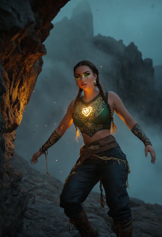 a wide-angle cinematic shot at dusk on a jagged cliffside. a determined
woman in practical leather-and-canvas advent…