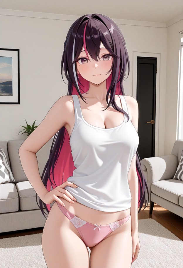 1girl,solo,standing,facing_viewer,white_tank_top,hands_on_own_hips,pink panties,light_smile,blush,front view,full-bod…