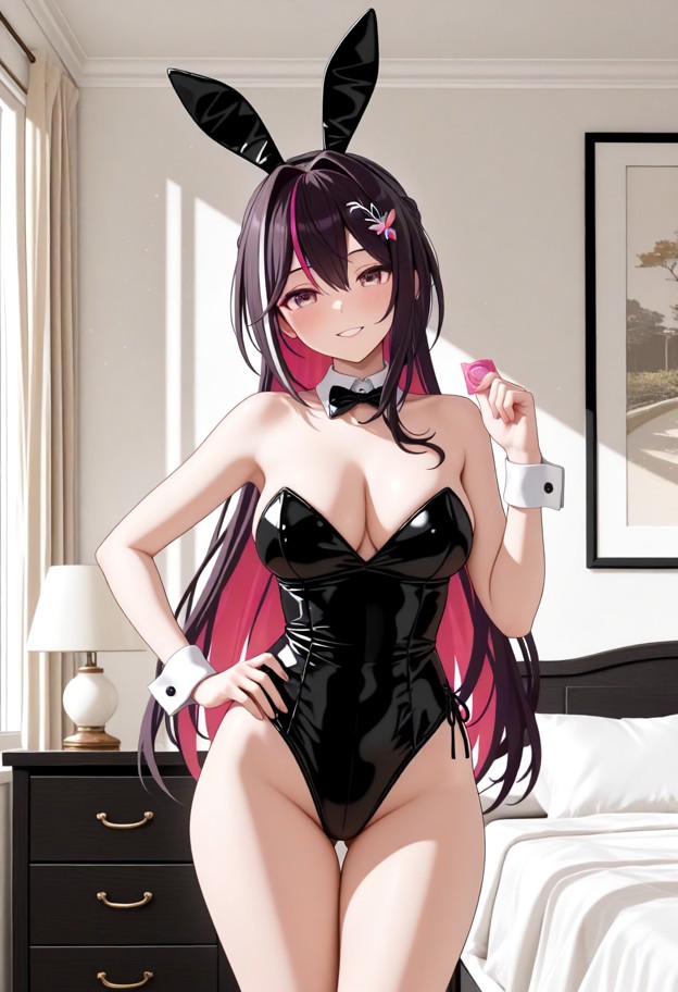 1girl,solo,standing,facing_viewer,hand_on_own_hip,holding_condom,playboy_bunny,naughty_face,blush,front view,full-bod…