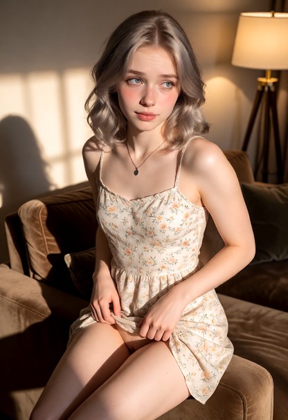 Location: a cozy, warmly lit living room during the evening with soft golden light from a nearby floor lamp casting g…