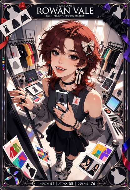 Create an ultra-detailed premium character trading card featuring ROWAN VALE, a 25-year-old proudly male human femboy…