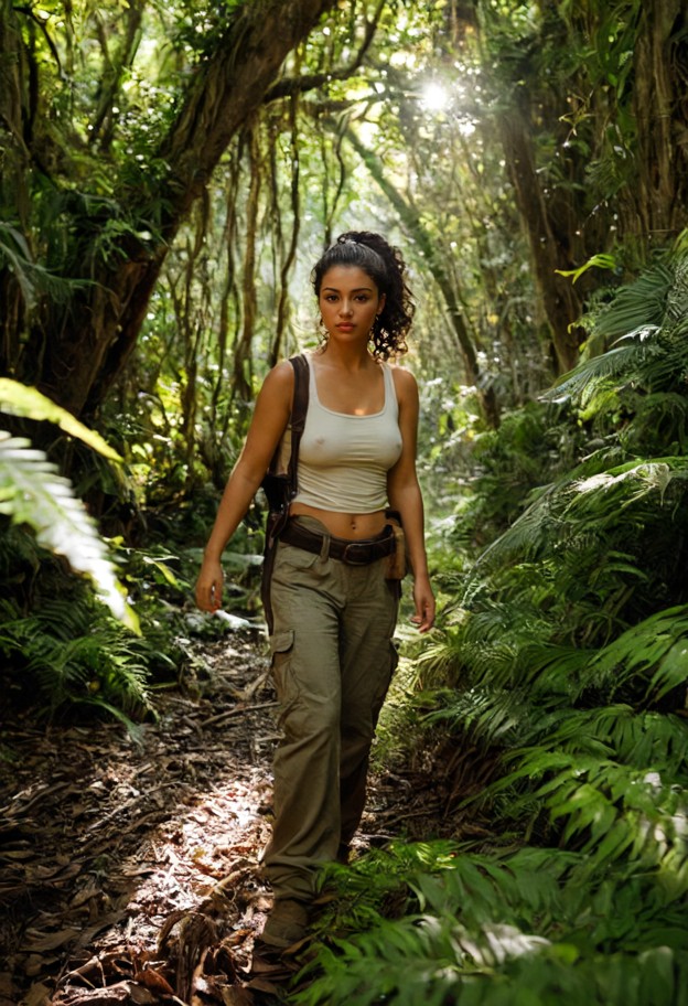 she is is walking through the jungle,tan cotton tank top,green cotton cargo pants,dense tropical jungle,thick green f…