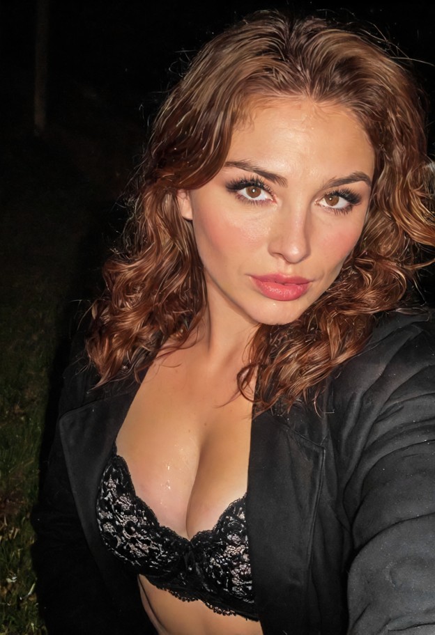 she is hugging herself,black lace bra,black coat,dark wooden doorstep,damp grass,night,medium full-body shot,dim porc…