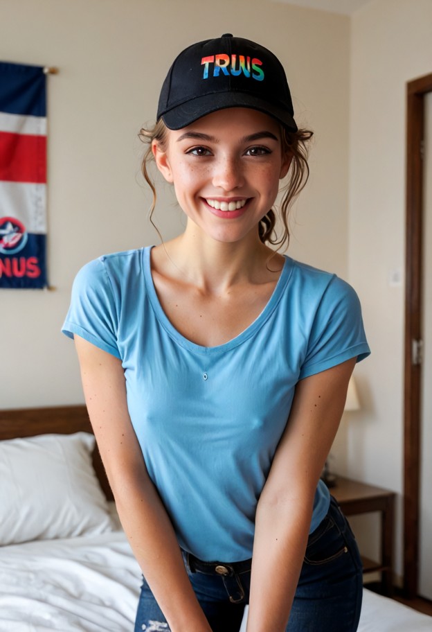 solo,transgender,smiling,leaning forward,blue cotton shirt,black denim pants,unknown location,front view,soft lighting