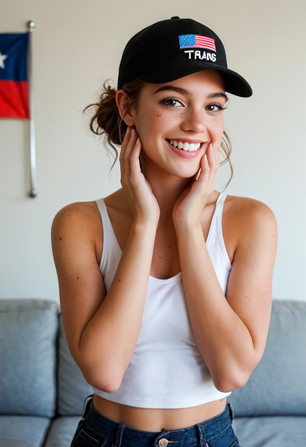 solo,transgender,smiling,hugging self,hands on cheeks,casual outfit,pants,unknown location,close-up,soft lighting