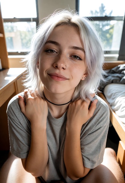 Location: a sunlit dorm room with soft daylight streaming through the windows, illuminating the wooden desk and the e…