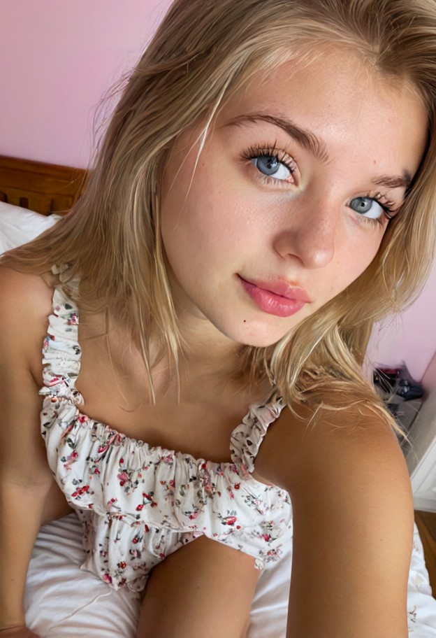 she is is stepping backwards,biting her lip,blushing,floral pattern cotton sundress,bedroom,wooden bed frame,messy wh…