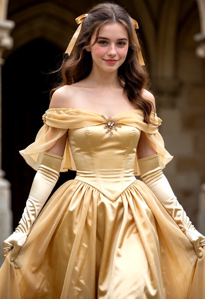 She wears an elegant golden ball gown with an off-the-shoulder neckline framed by softly draped chiffon sleeves. The …