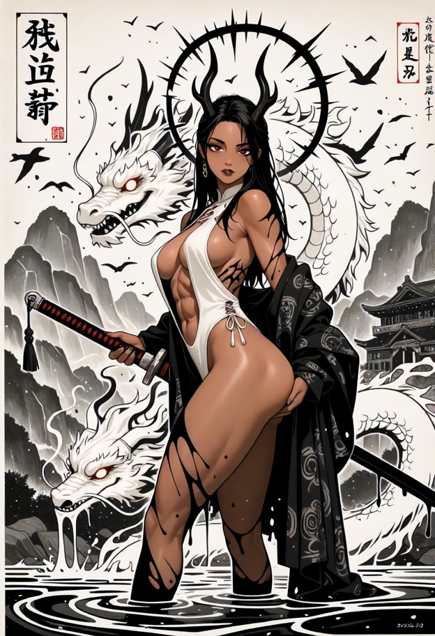 1 girl brown skinned,holding a jade jian sword,poised wuxia stance,graceful dynamic pose,sumi-e ink style,black and w…