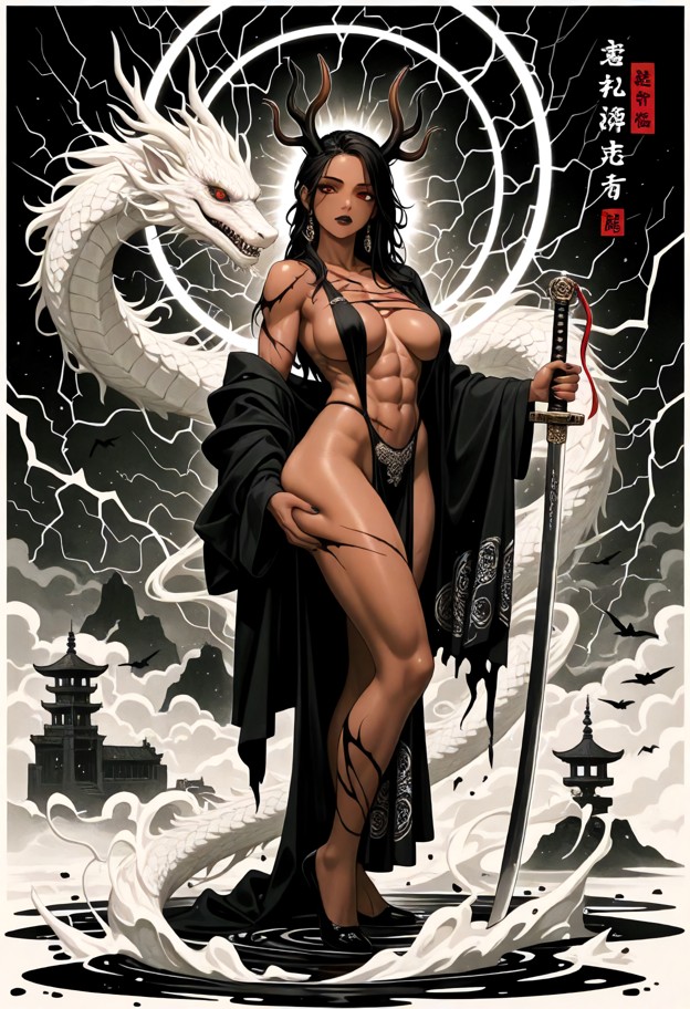 1 girl brown skinned,holding a jade jian sword,poised wuxia stance,graceful dynamic pose,sumi-e ink style,black and w…