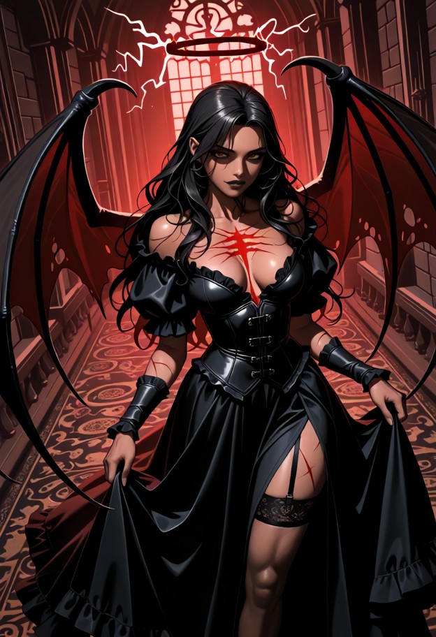 anime-style vampire woman brown skinned inspired by castlevania lenore,aristocratic and predatory. long wavy  hair ca…