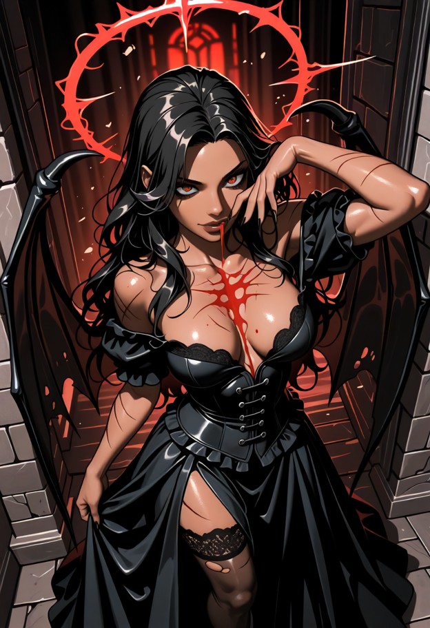 anime-style vampire woman brown skinned inspired by castlevania lenore,aristocratic and predatory. long wavy  hair ca…
