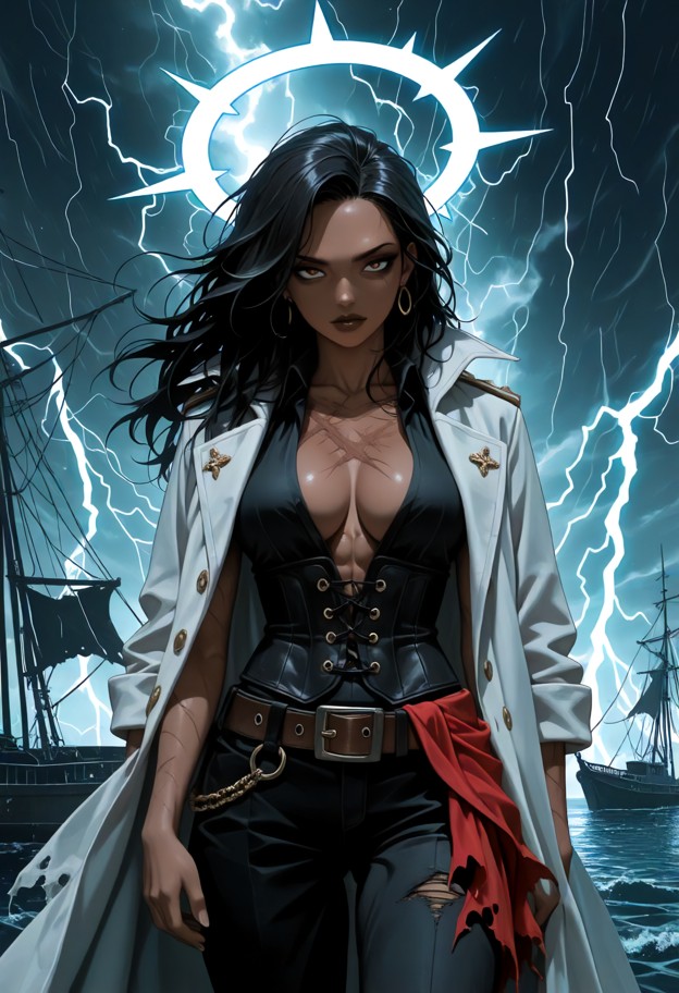 1girl,brown skinned,holding a cutlass,pirate queen on the deck of a massive ship,dynamic pose with one hand on cutlas…