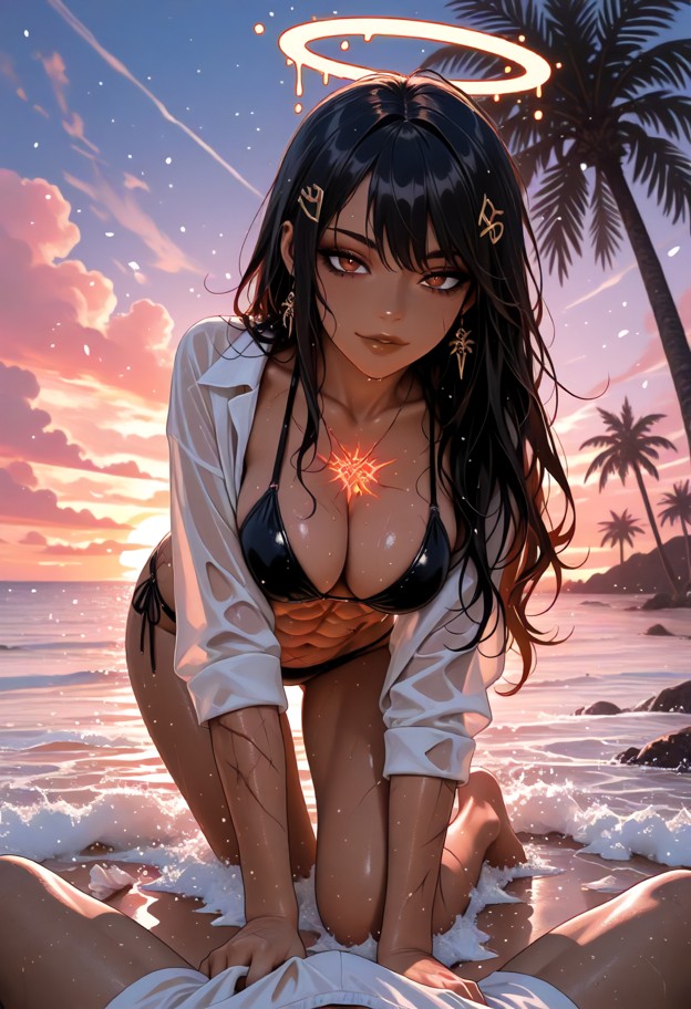 ultra-detailed anime illustration of a confident adult woman at the beach during sunset,dramatic worm’s-eye / extreme…