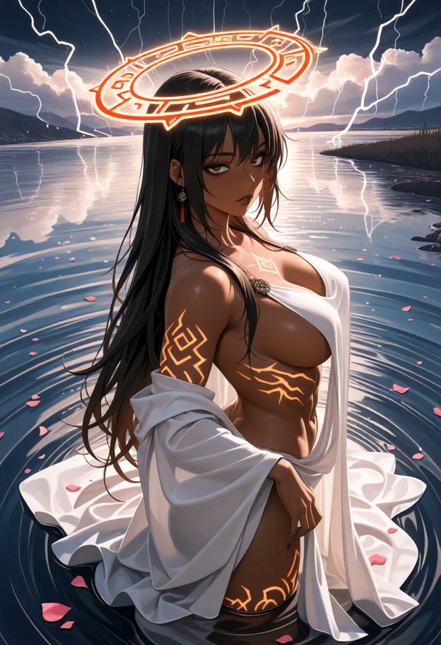 ultra-detailed anime illustration with sumi-e influence: a female brown skinned,sound cultivator laying on a perfectl…
