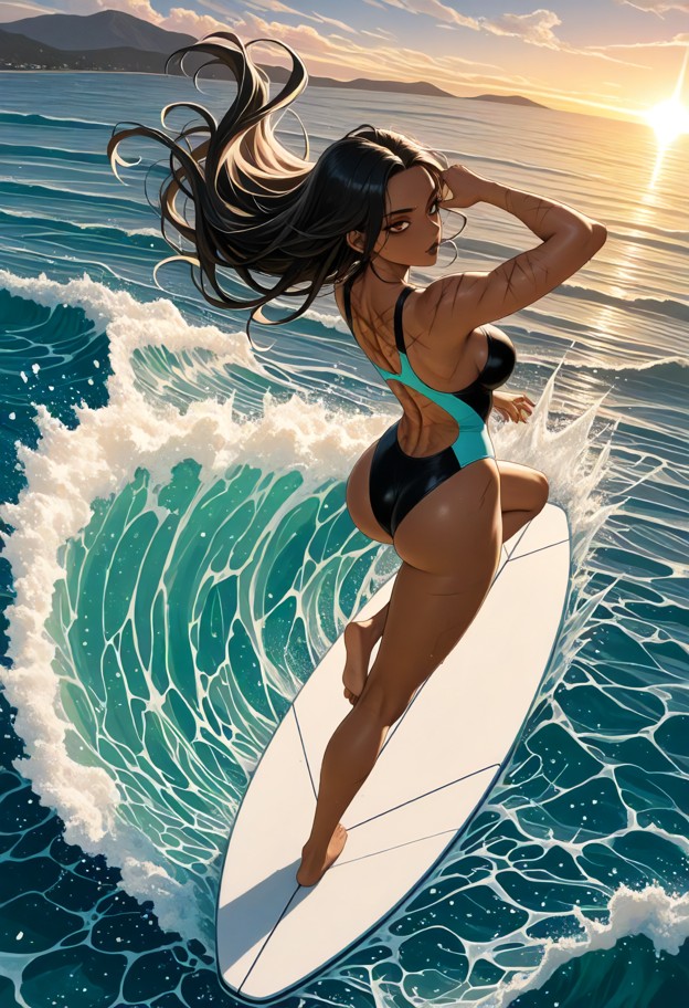 1girl,solo,riding a surfboard with both feet planted in the center of the board,surfing inside a massive hollow crash…