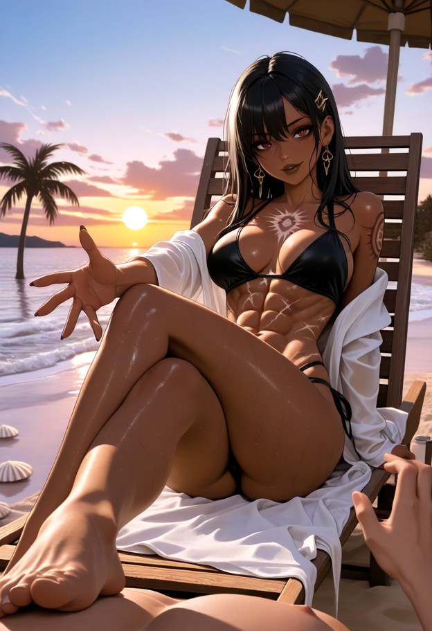 ultra-detailed anime illustration,male pov perspective from a reclining wooden beach lounge chair under a straw beach…